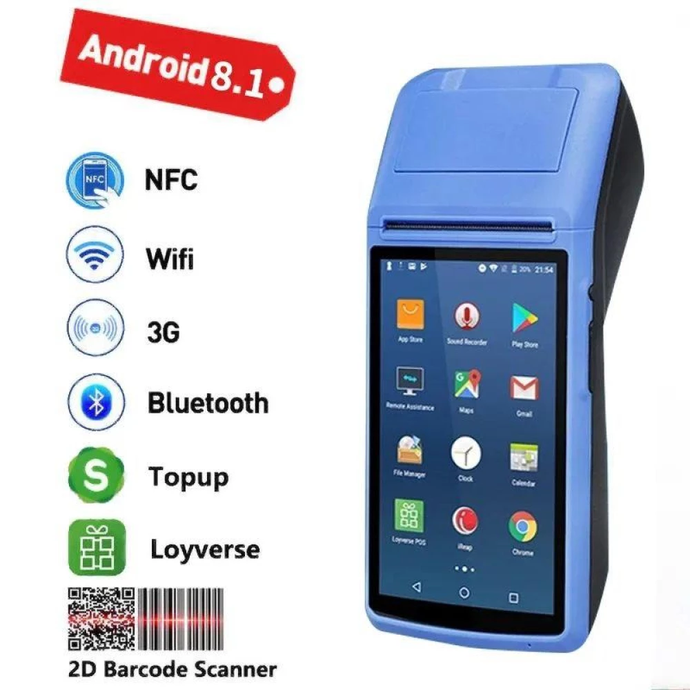 POS-терминал с встроенным принтером чеков MAXAH, 5“IPS, 58 мм, Android 8.1, GPS, 3G, WiFi, NFC, OTG