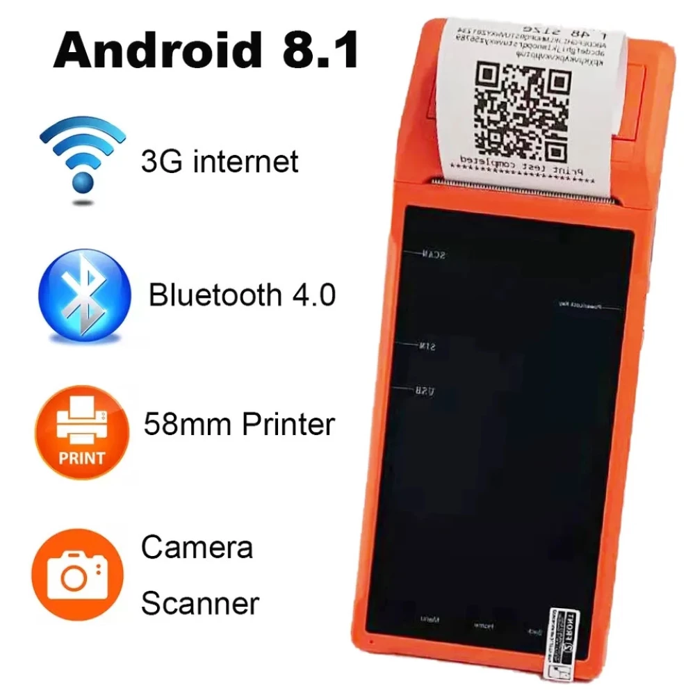POS-терминал с встроенным принтером чеков Q2P, 5,5“ IPS, 58 мм, Android 8.1, GPS, 3G, WiFi, NFC, OTG