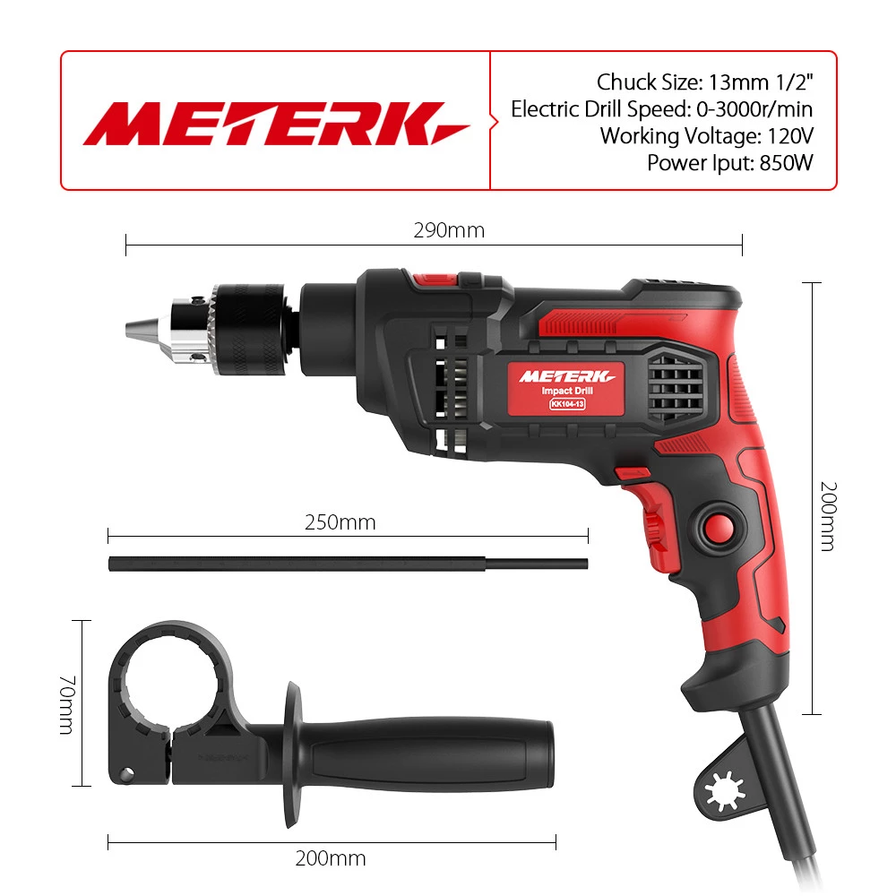 Дрель Шуруповерт Meterk 3000 об/хв Meterk Z1JE-KK104-13 Black Red 850вт