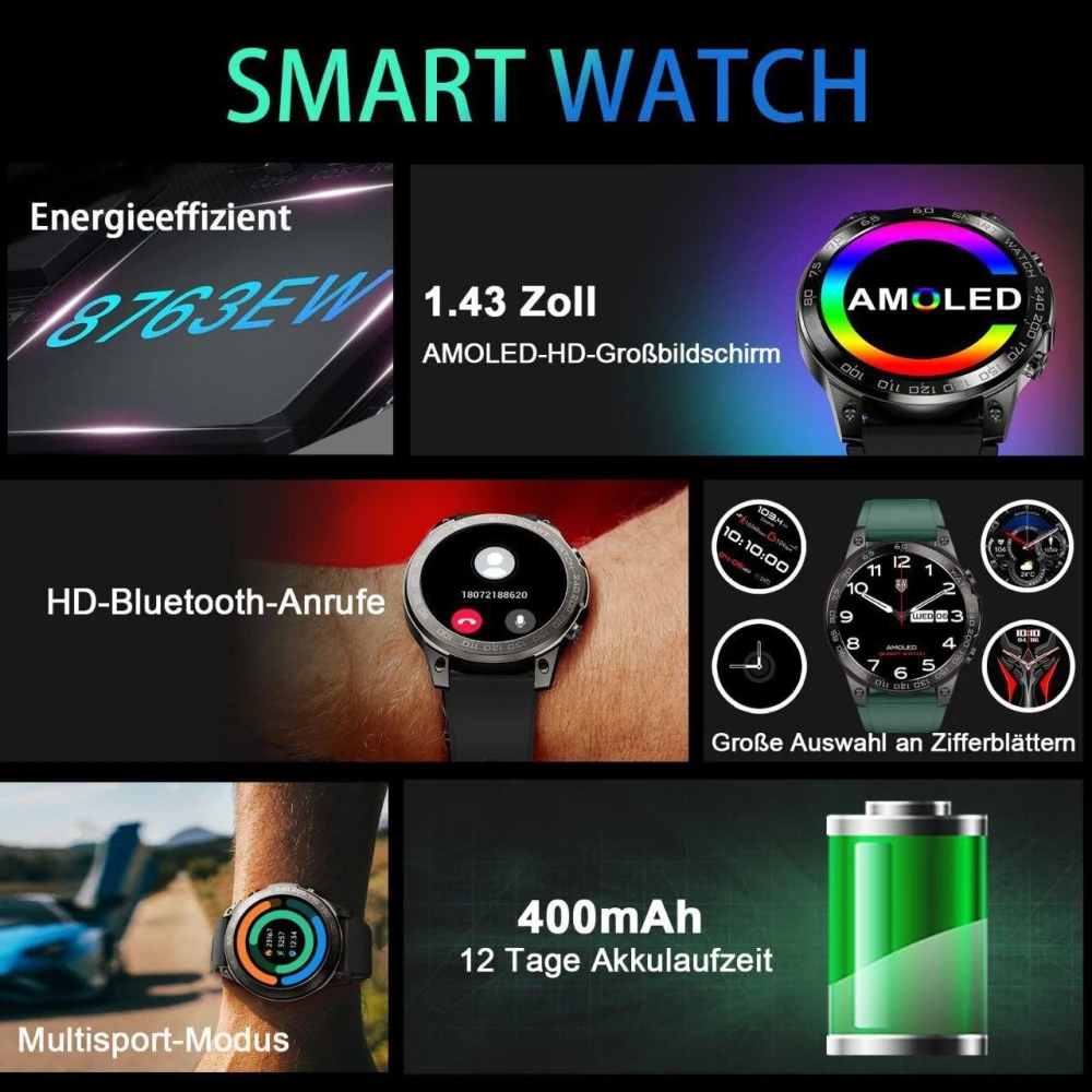 Смарт-часы BOZLUN с функцией телефона, 1.43“ AMOLED, 5ATM, водонепроницаемый