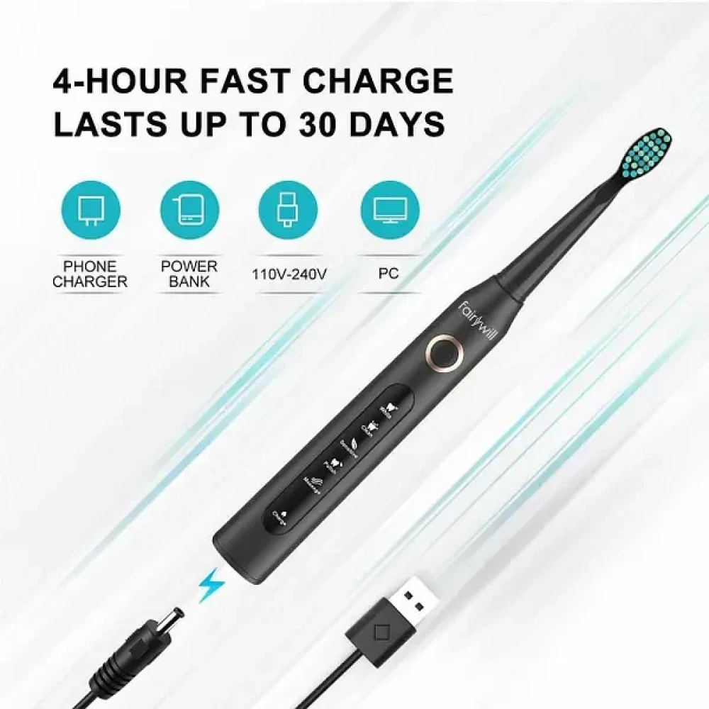 Электрическая зубная щетка ультразвуковая с 5ма режимами чистки FAIRYWILL 507/2 чёрная / чёрная