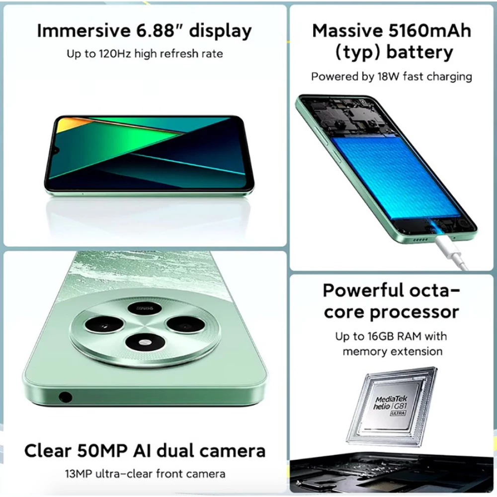 Смартфон Poco C75 Green 2 SIM, 6.88“ (1640х720 120 Гц) IPS, MediaTek Helio G81-Ultra, RAM 8GB, ROM 256GB, GPS,