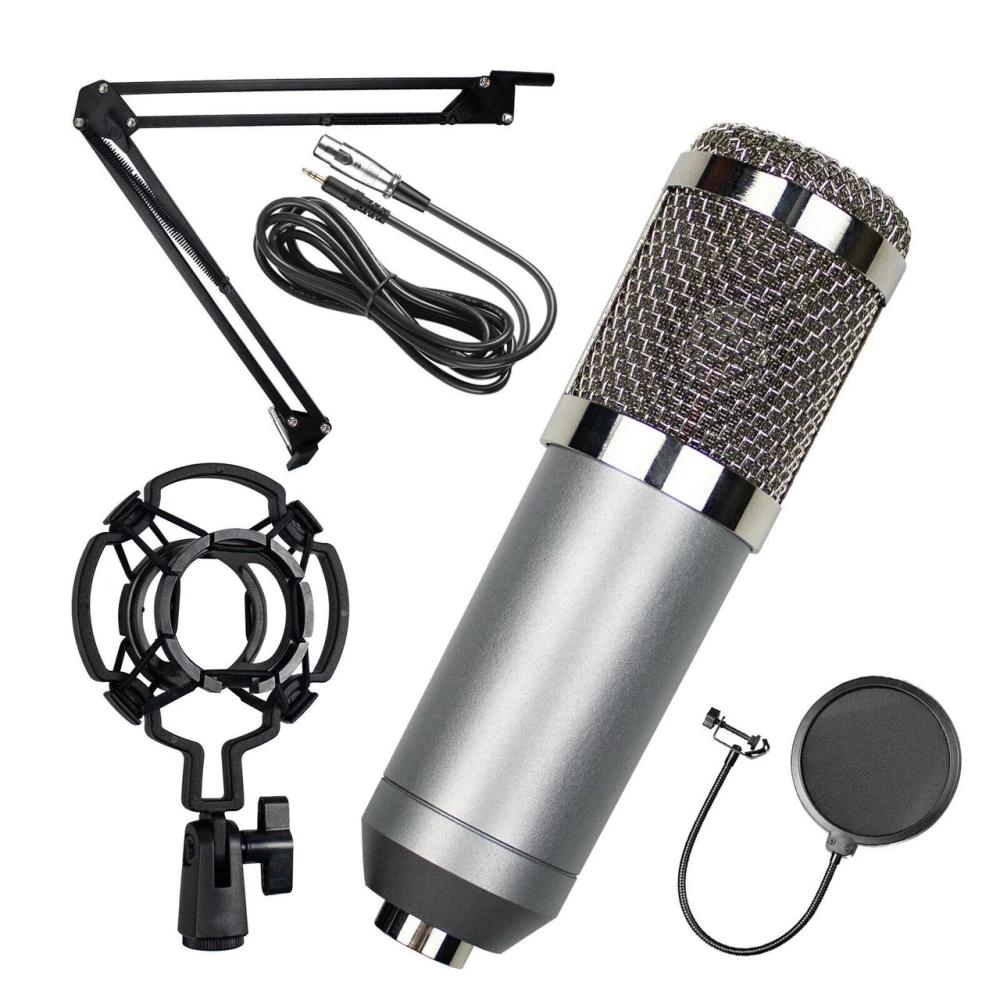 Профессиональный микрофон BM-800 конденсаторный со звуковой картой usb, пантографом с ветрозащитой silver