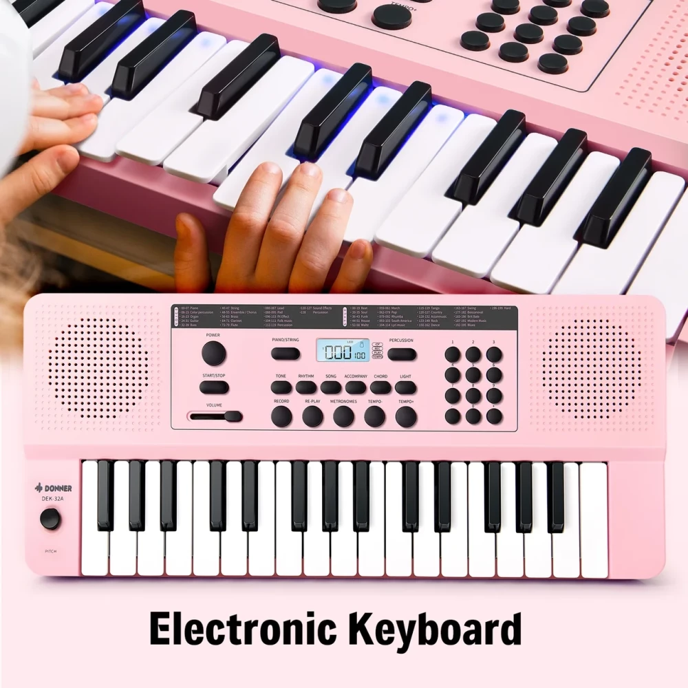 Цифровое пианино Donner DEK-32A 32 клавишное клавиатурное, синтезатор для начинающих Розовый цвет