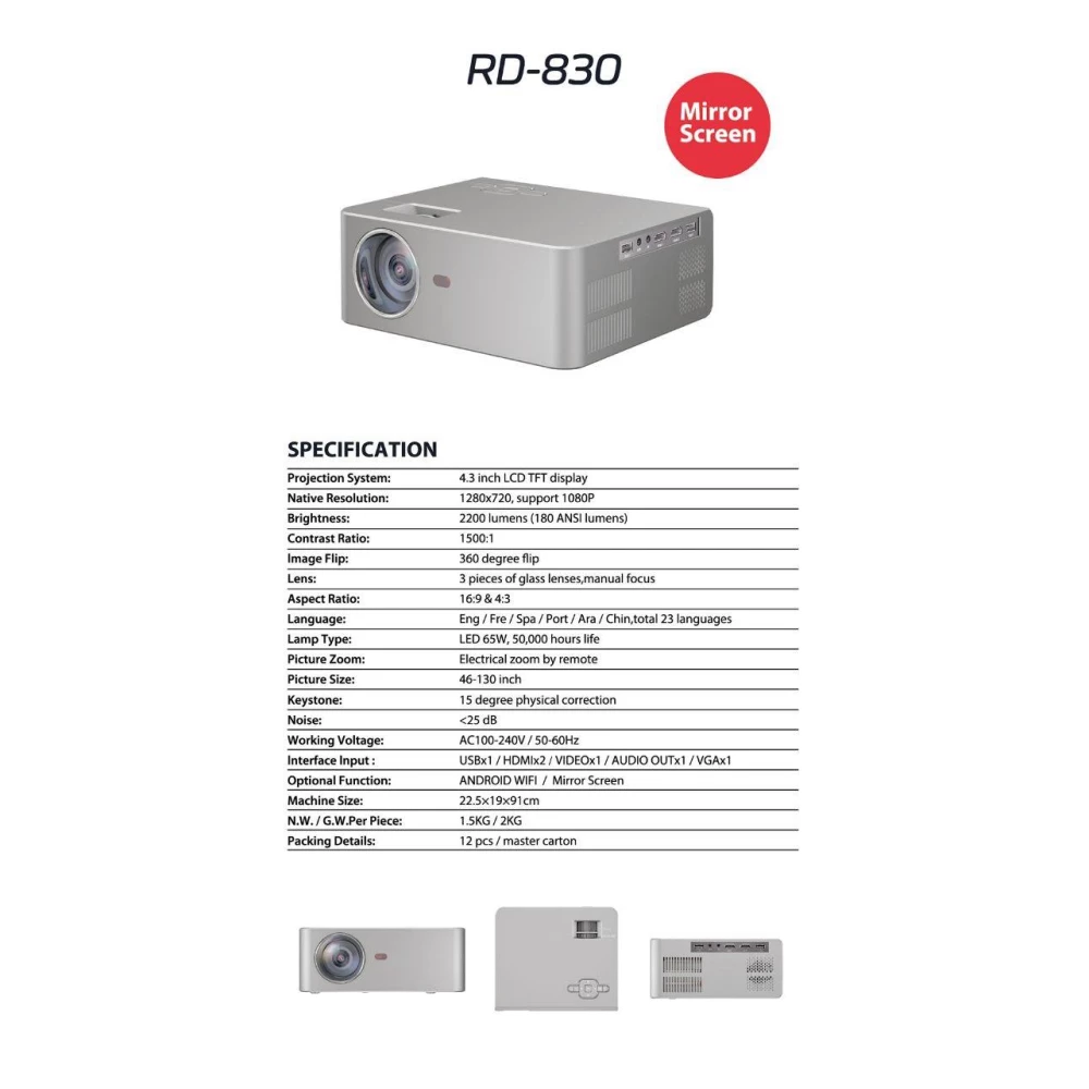 Проэктор RD830 720P 5500L 2 HDMI, USB, VGA, TV Stick, PS4