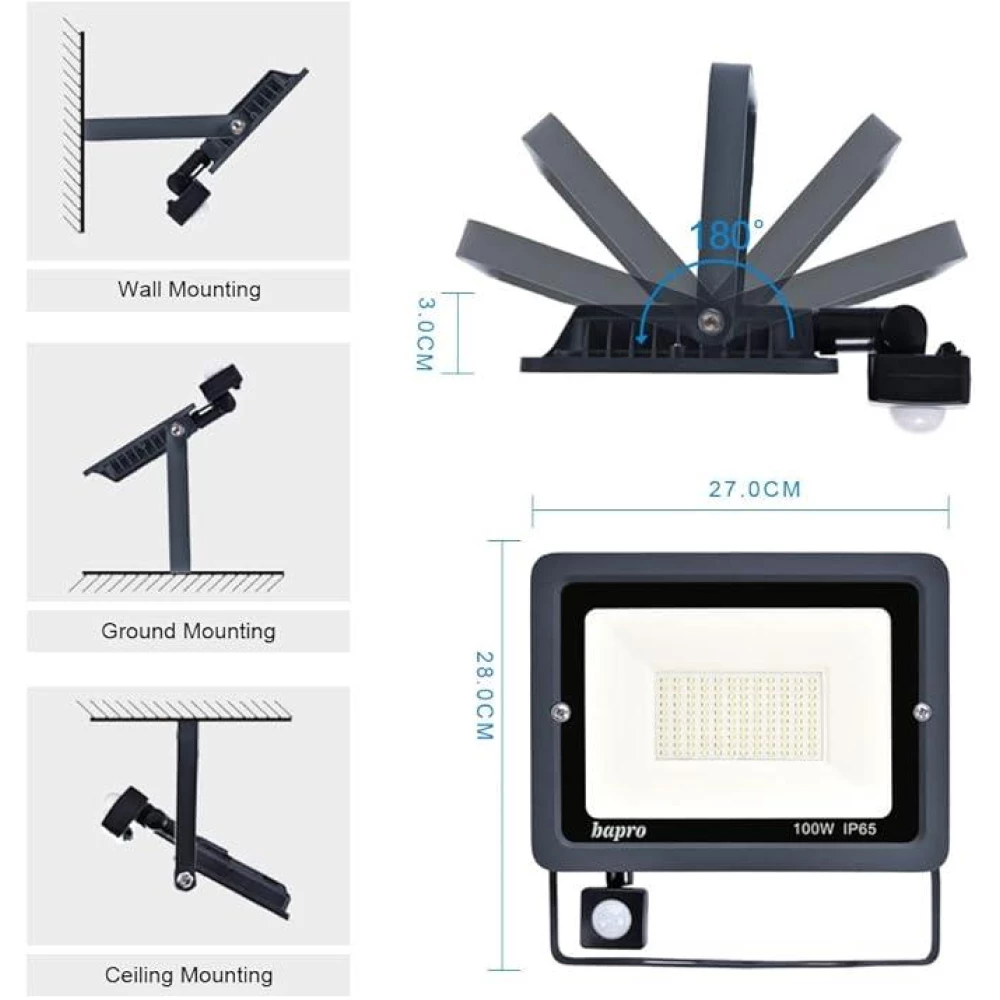 Светодиодный Прожектор LED 100w 6500K IP65 6000LM Bapro Natur 100 Вт з датчиком движения Class A++