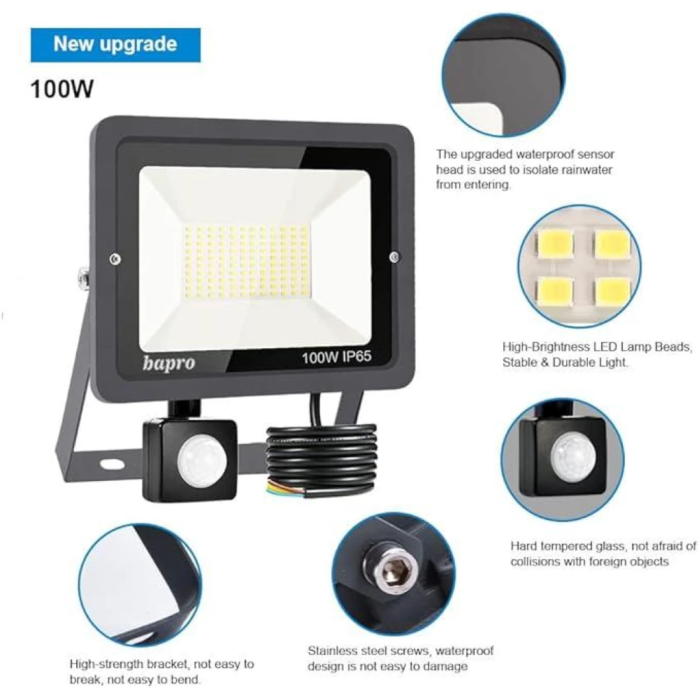 Светодиодный Прожектор LED 100w 6500K IP65 6000LM Bapro Natur 100 Вт з датчиком движения Class A++