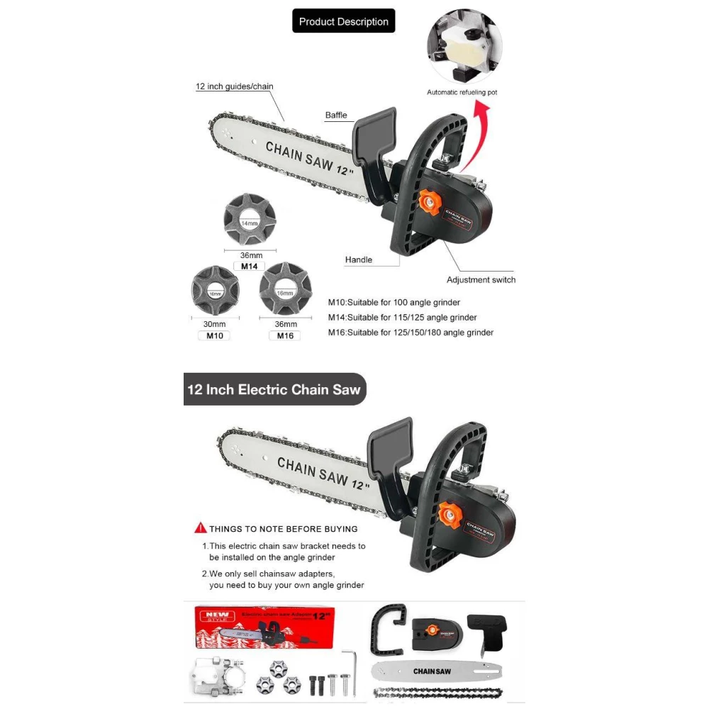 Насадка пила на болгарку М10 (12““) на 100-115 мм / Насадка для болгарки / Ланцюгова пила на болгарку