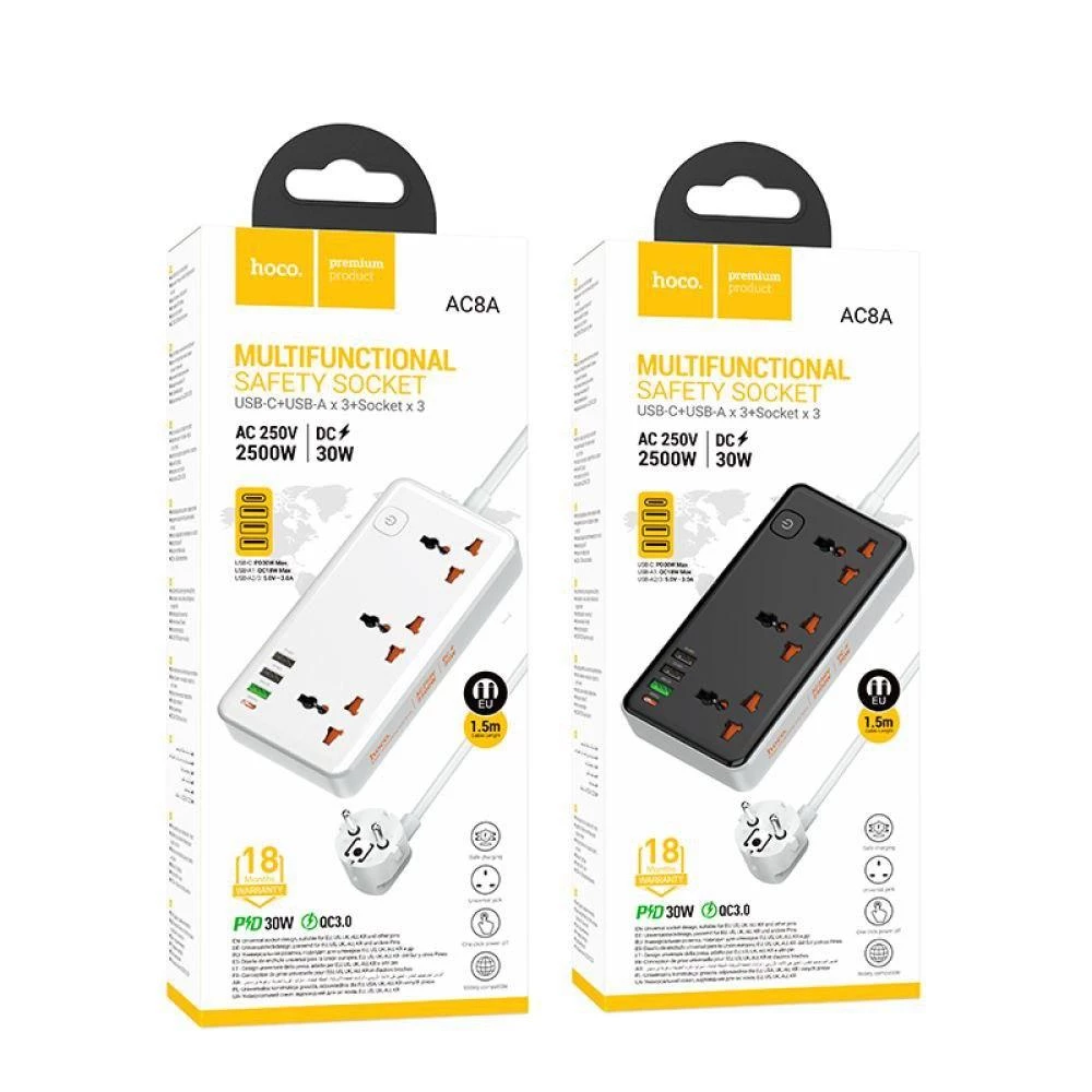 Hoco AC8A PD30W/QC18W/1C3A Подовжувач живлення 1,5 м