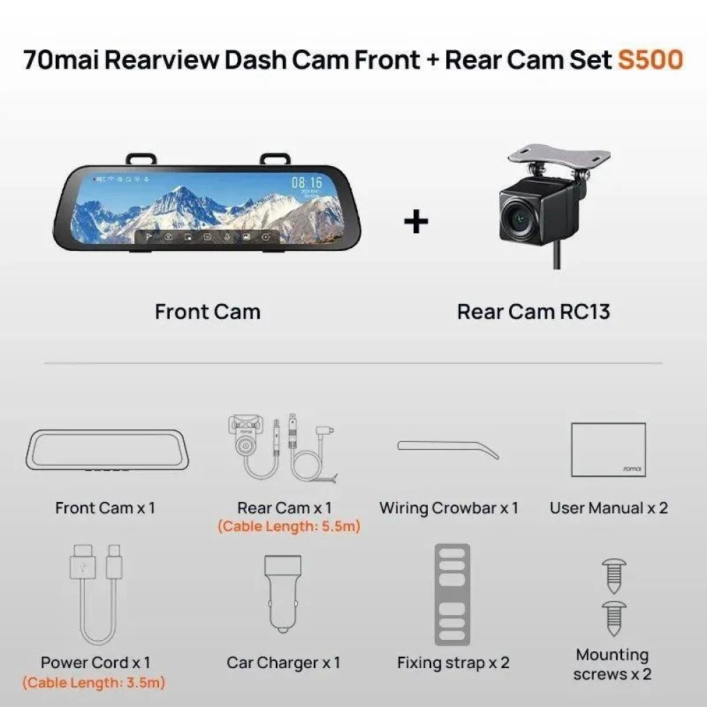 Відеореєстратор-дзеркало Xiaomi 70mai Rearview Dash Cam S500 з камерою заднього огляду Midrive RC13