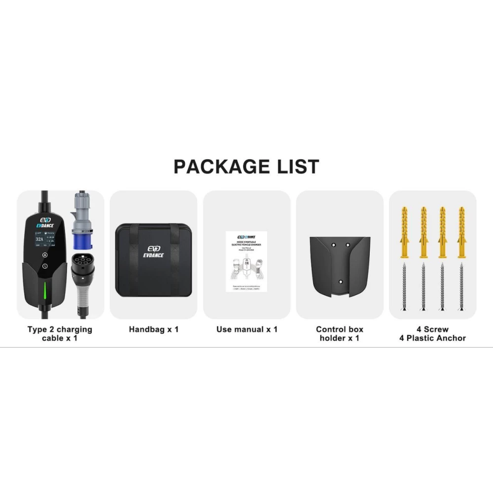 Зарядний пристрій для електромобілів типу 2 EVDANCE EV-ACS3205E з вилкою CEE CHUKO [7,36 кВт, 1 фаза, 6,1 м 10