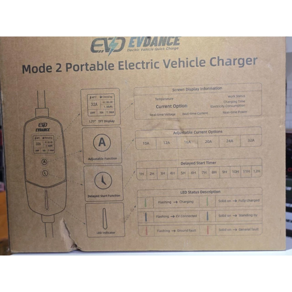 Зарядний пристрій для електромобілів типу 2 EVDANCE EV-ACS3205E з вилкою CEE CHUKO [7,36 кВт, 1 фаза, 6,1 м 10
