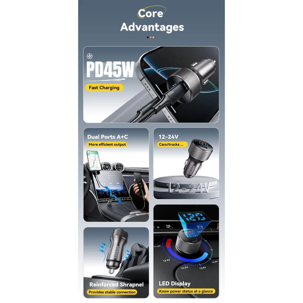 Автомобильной зарядное устроойство Essager 45 Вт USB C PD3.0 QC3.0 Fast Charge