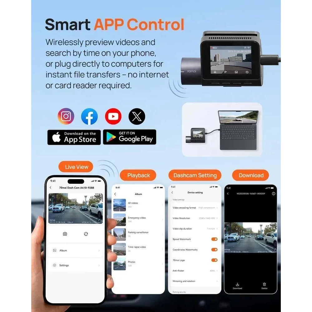 Автомобільний відеореєстратор 70mai Dash Cam A410 2.5K Wi-Fi та GPS Parking Mode