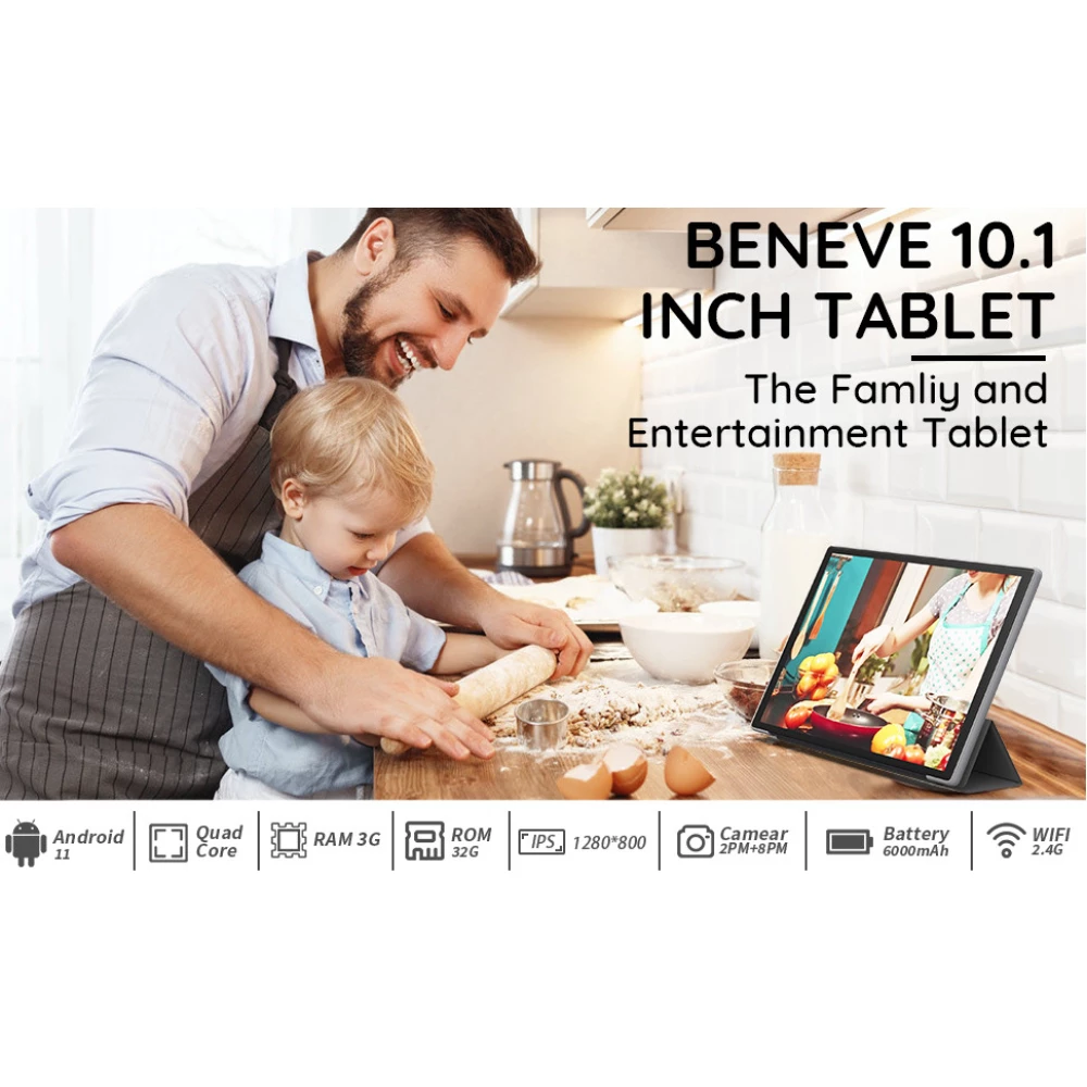 Планшет 10“ BENEVE Android 11, 3/32 1280x800 HD IPS 6000 + чехол + пленка