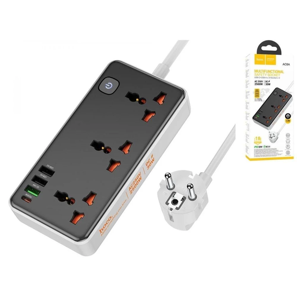 Hoco AC8A PD30W/QC18W/1C3A Подовжувач живлення 1,5 м