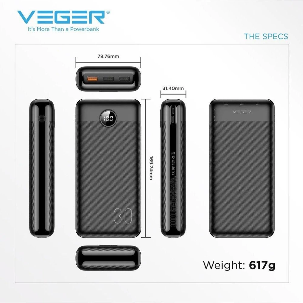 Зовнішній акумулятор Power bank VEGER V3008 L30 30000 Mah батарея White