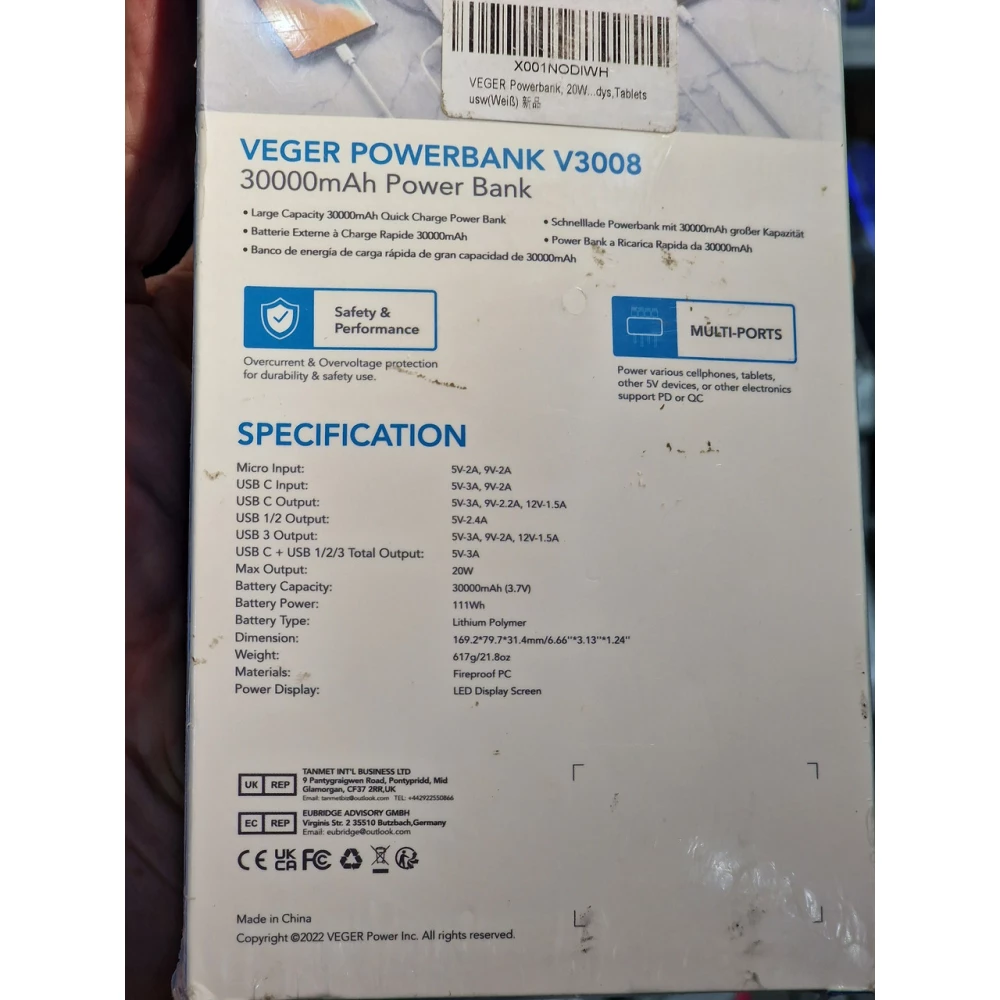 Зовнішній акумулятор Power bank VEGER V3008 L30 30000 Mah батарея White