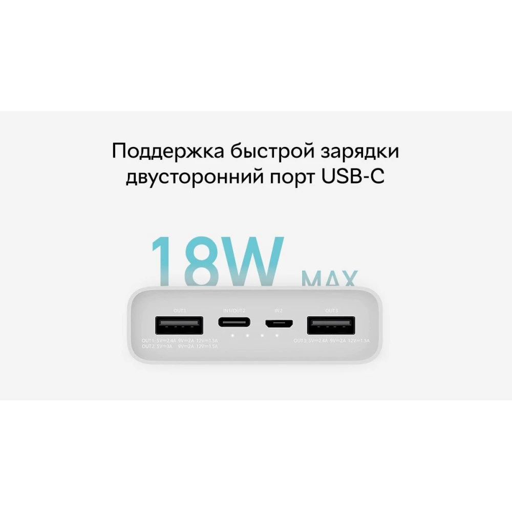 Xiaomi Mi Power Bank 3 20000 mAh PLM18ZM White (VXN4258CN) Швидке Заряджання QC3.0 18W