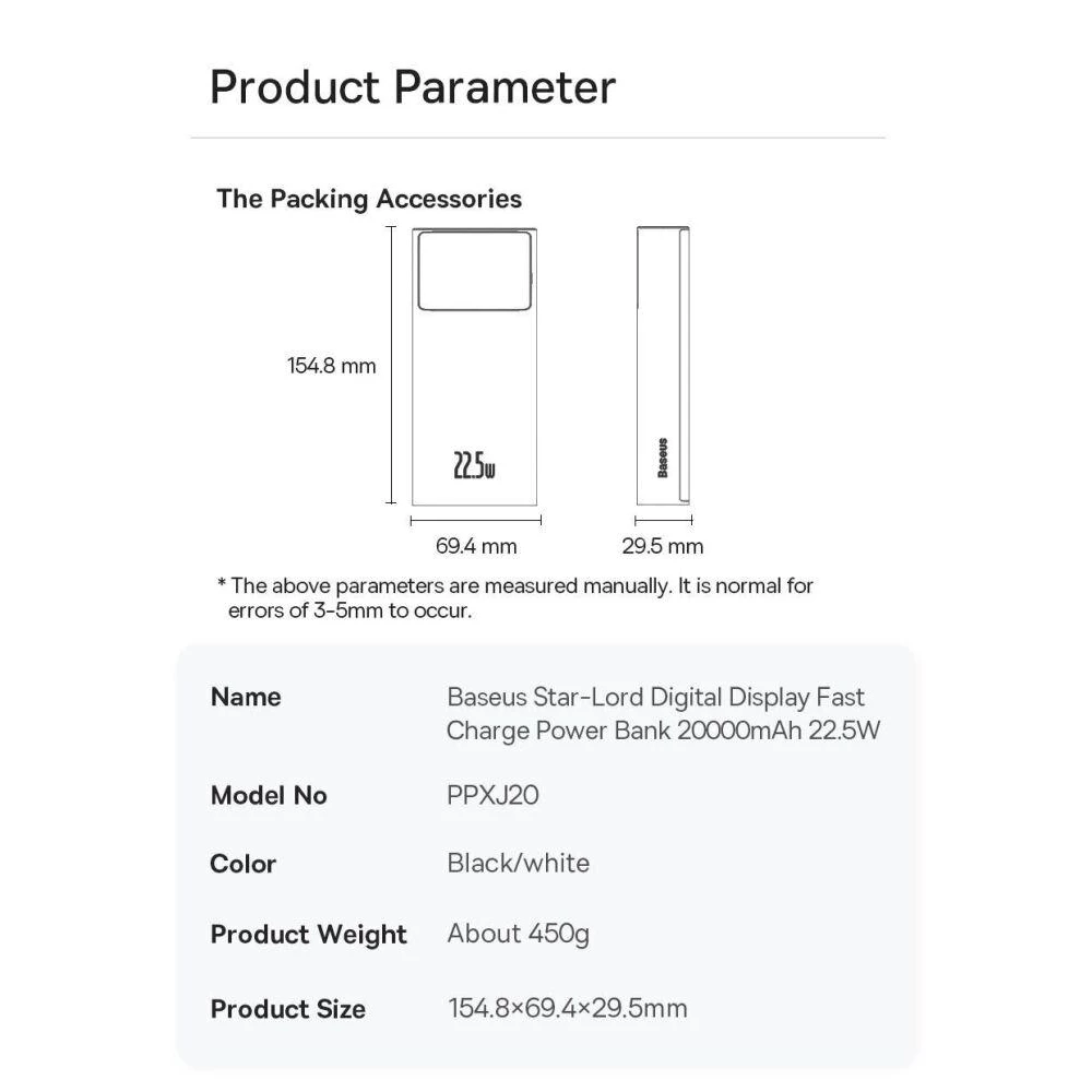 Зовнішній акумулятор Baseus Star-Lord Digital Display FastCharge 22.5 W 20000 mAh white (PPXJ060002)