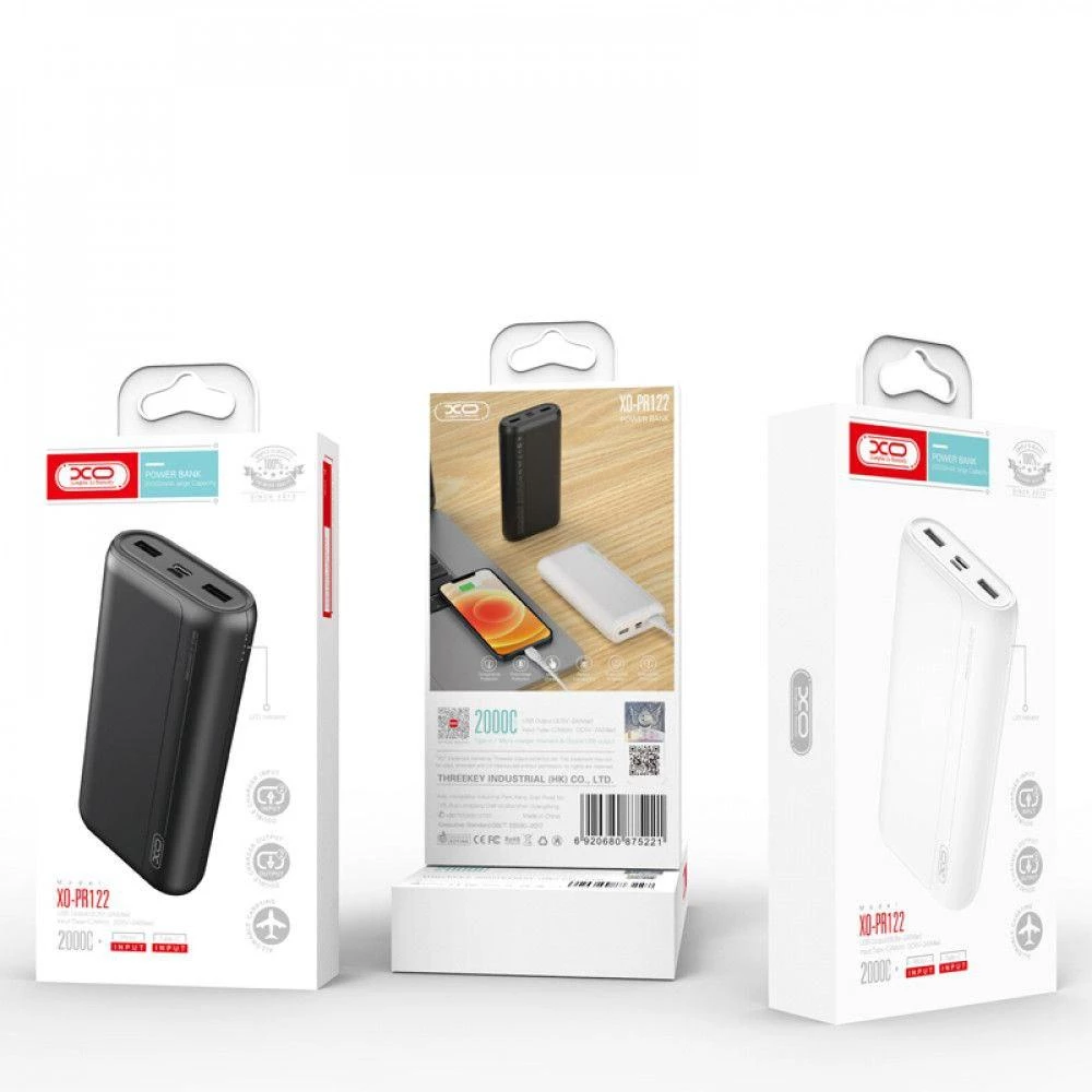 Зовнішній акумулятор (Power Bank) Повербанк (УМБ) XO PR122, 20000 mAh, 2 USB + Type-C, Black
